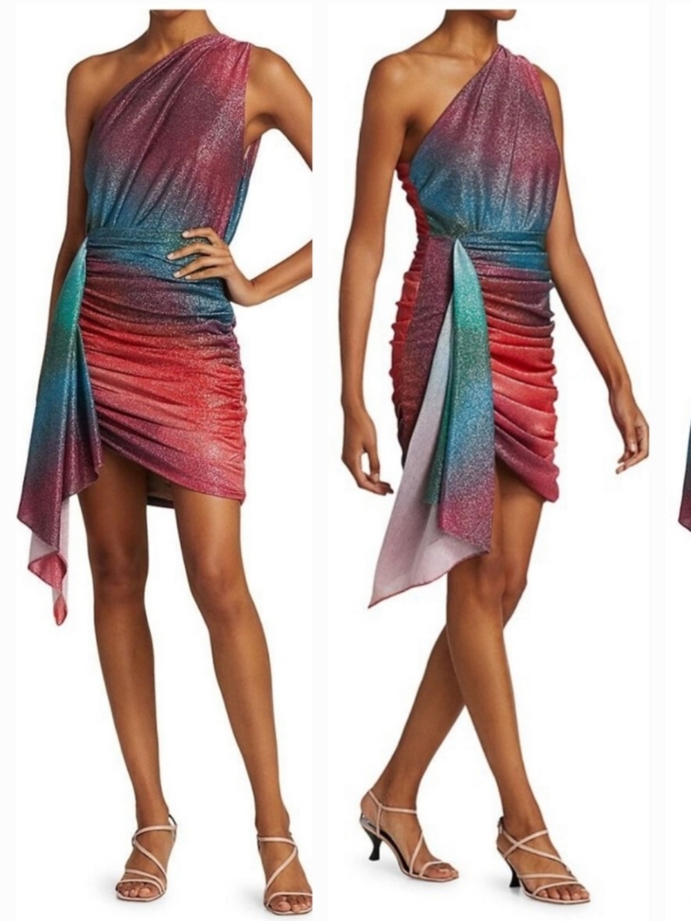 PatBO One-Shoulder Metallic Ombre Mini Dress in Green, Blue & Pink - Picture 10 of 11